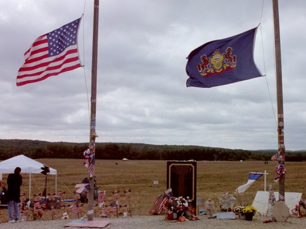 Flags at Half-Mast, "Angels", Engraved Plaque, Crash Site in Distance
